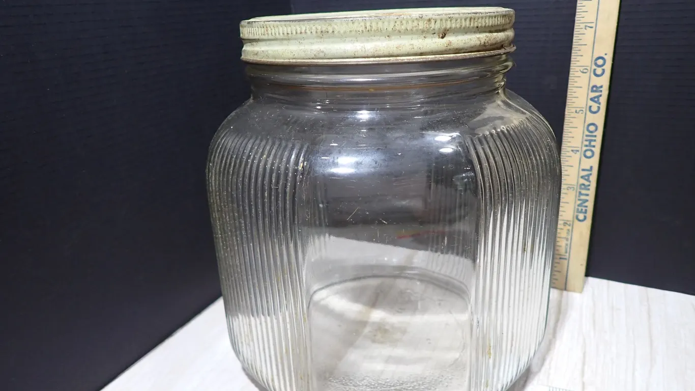 Vintage Owens-Illinois Clear Glass Square Ribbed 1 Gallon Hoosier Pantry Counter Jar
