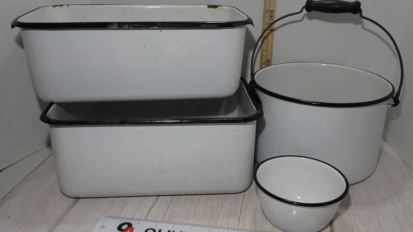 Vintage White Enamelware Black Trim Refrigerator Dishes & Pail Lot - 4 Pcs