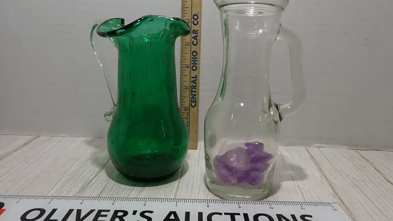 Hand Blown Controlled Bubble Green Glass Pitcher & Clear Cruet Jug Lot