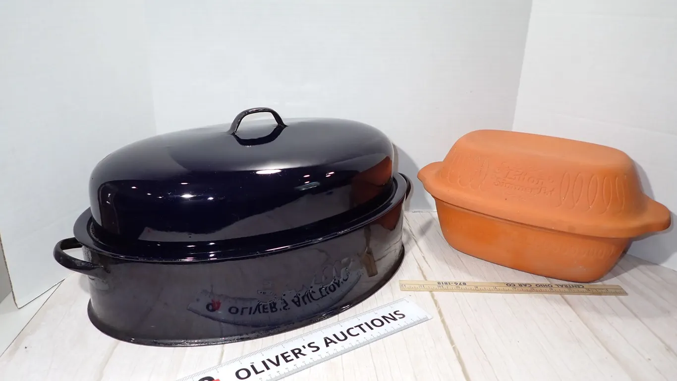 Vintage Savory Cobalt Enamel Roaster & Litton Clay Simmer Pot Lot