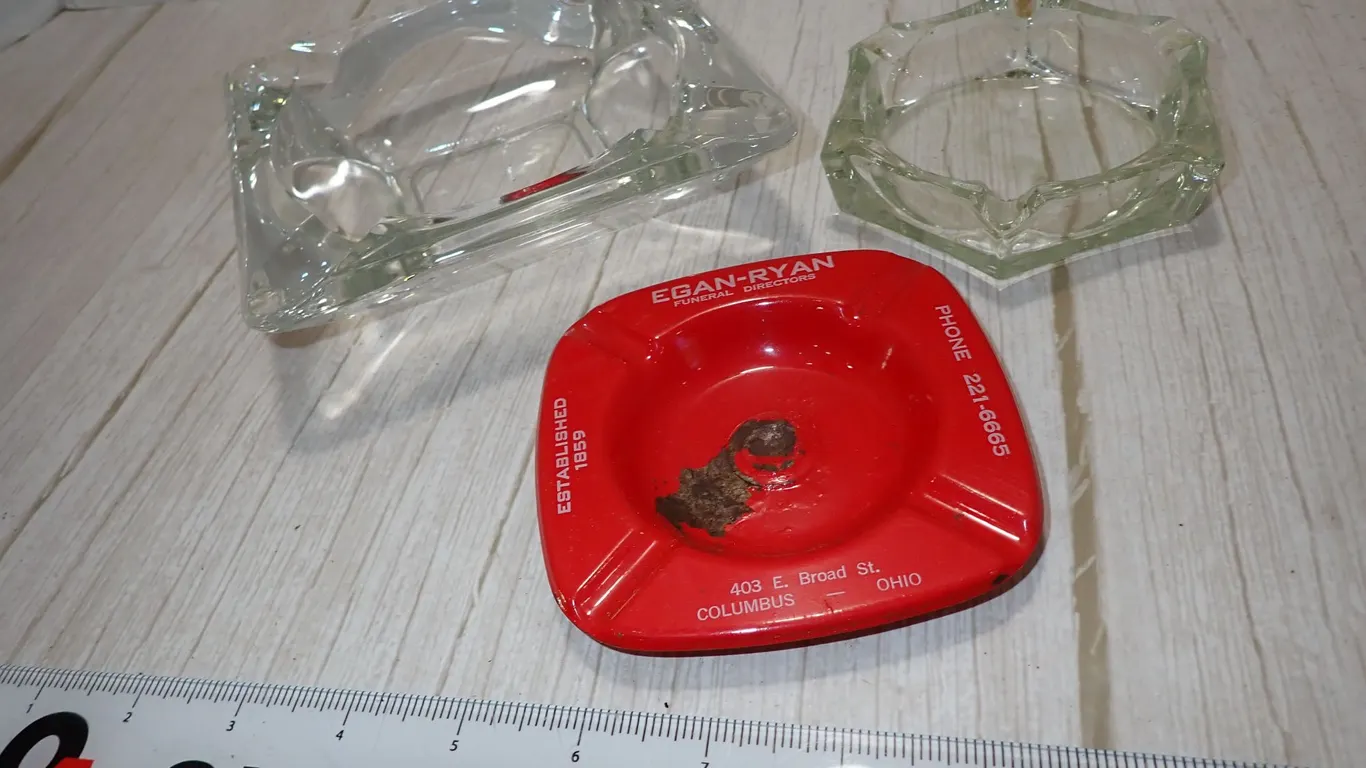 Vintage Egan-Ryan Funeral Directors Metal Ashtray & Clear Glass Ashtrays Lot