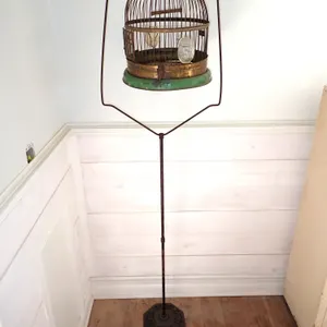 Antique Hendryx Dome Top Brass Bird Cage & Victorian Era Hoop Stand