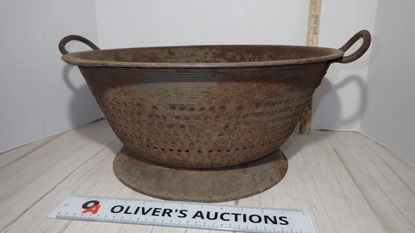Antique Primitive Tinned Steel Metal Pedestal Colander Strainer Bowl Salvage