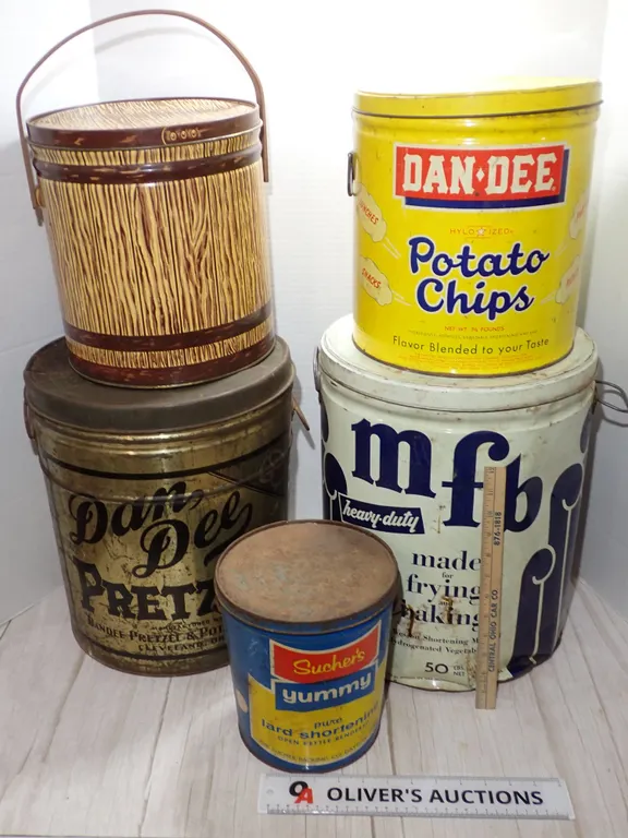Vintage Dan-Dee Chips & Pretzels, MFB Shortening & Sucher's Lard Tins Lot of 5