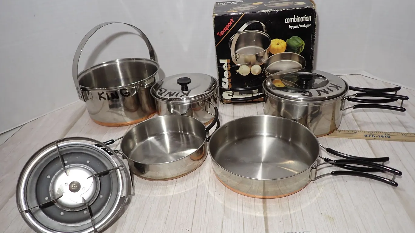 Vintage Texsport Stainless Steel Copper Bottom Camp Cookset & Propane Stove Burner Lot