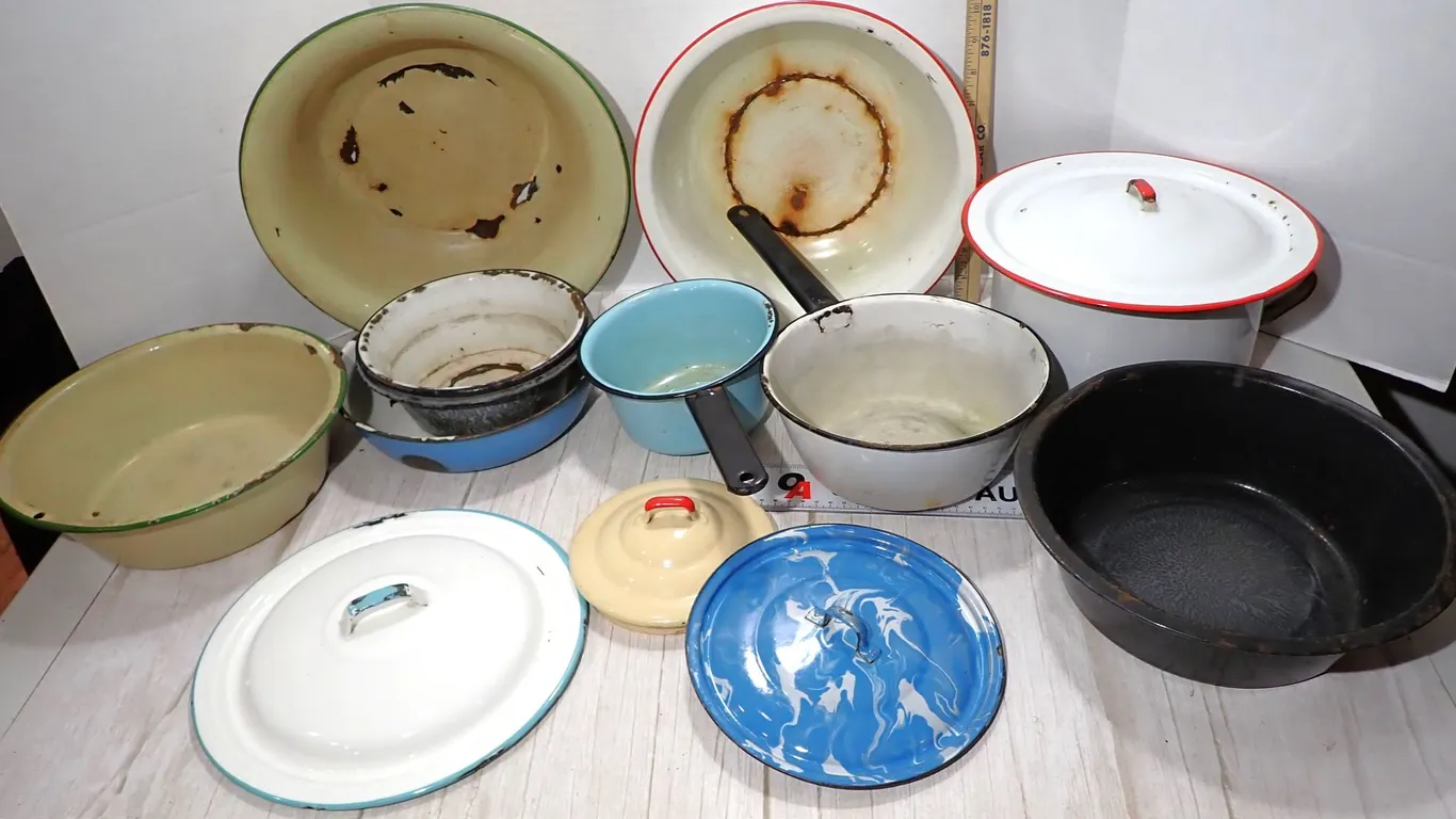 Vintage Farmhouse Granite Ware & Porcelain Enamel Cookware Salvage Lot of 14