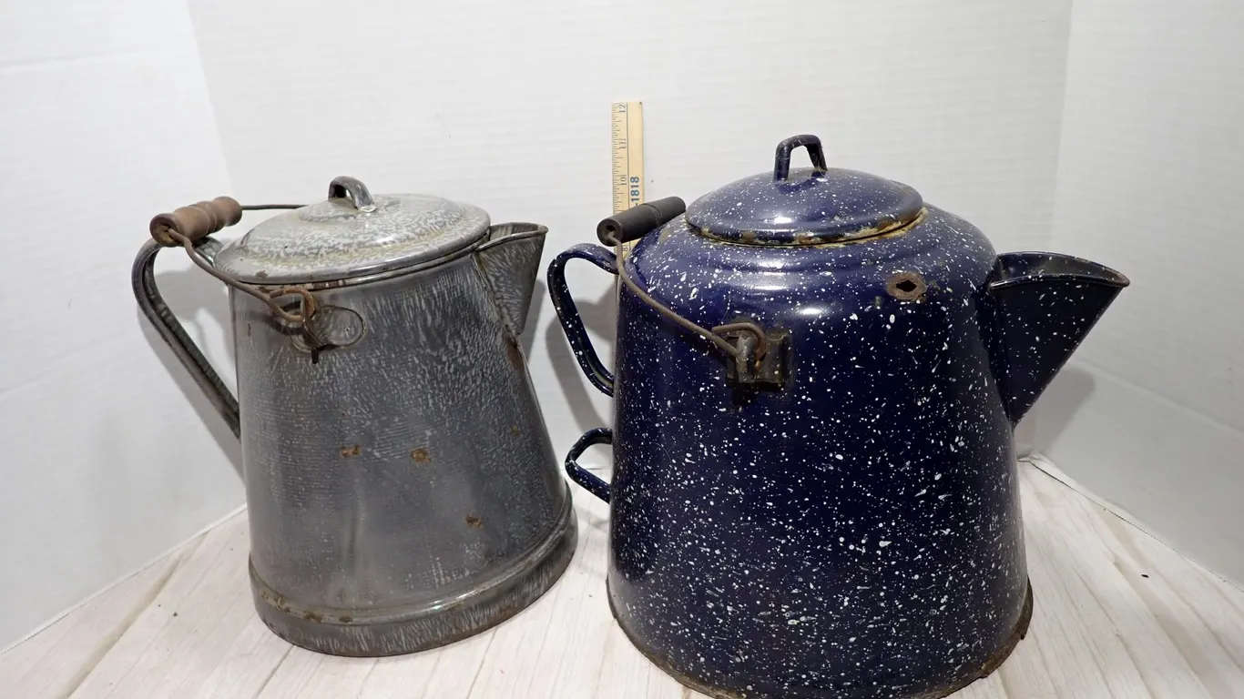 Vintage Large Cobalt Blue & Grey Speckled Enamelware Coffee Pots Salvage Pair