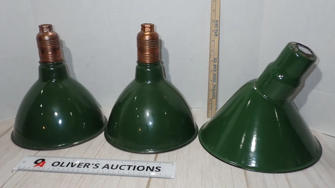 Vintage Benjamin Green Porcelain Enamel Industrial Light Shades - 3 Pcs