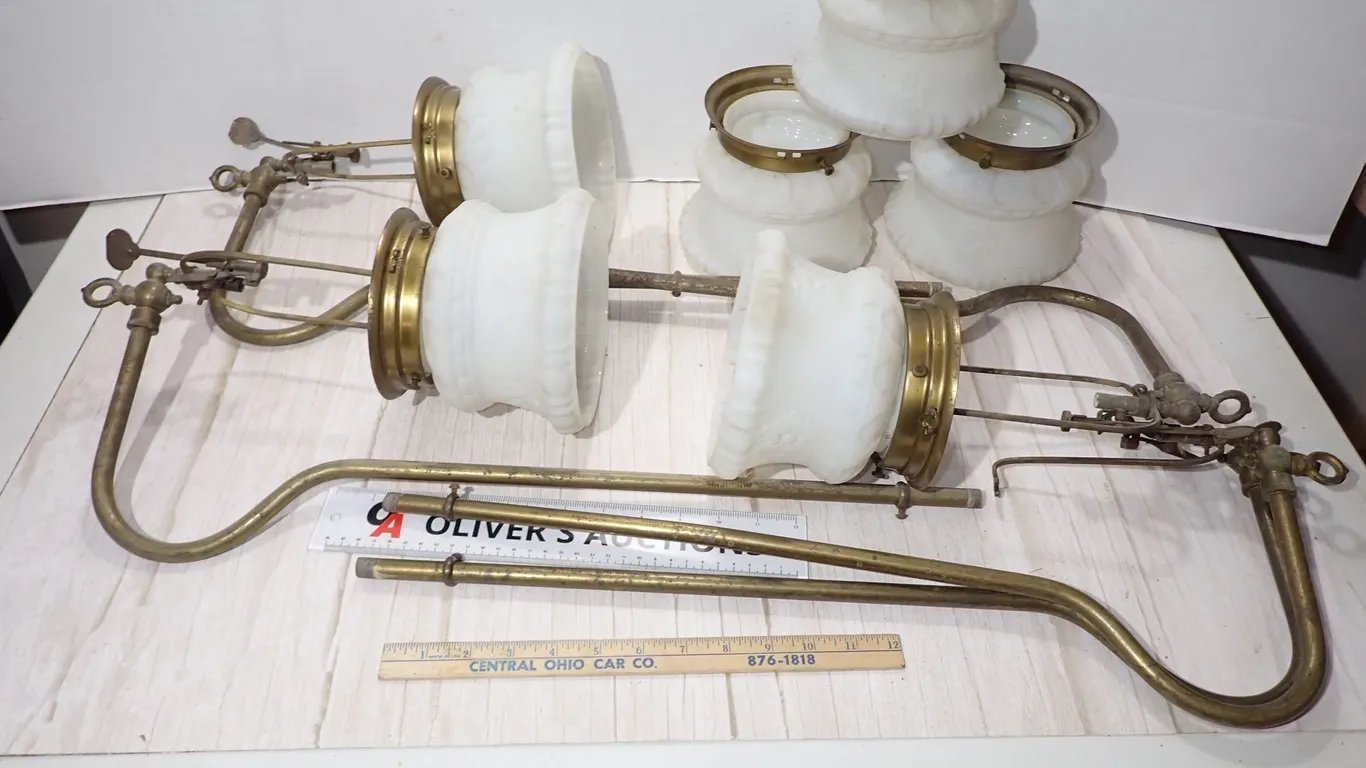 Antique Angle Lamp Co. Brass Hanging Fixture Parts & 6 Milk Glass Chimneys