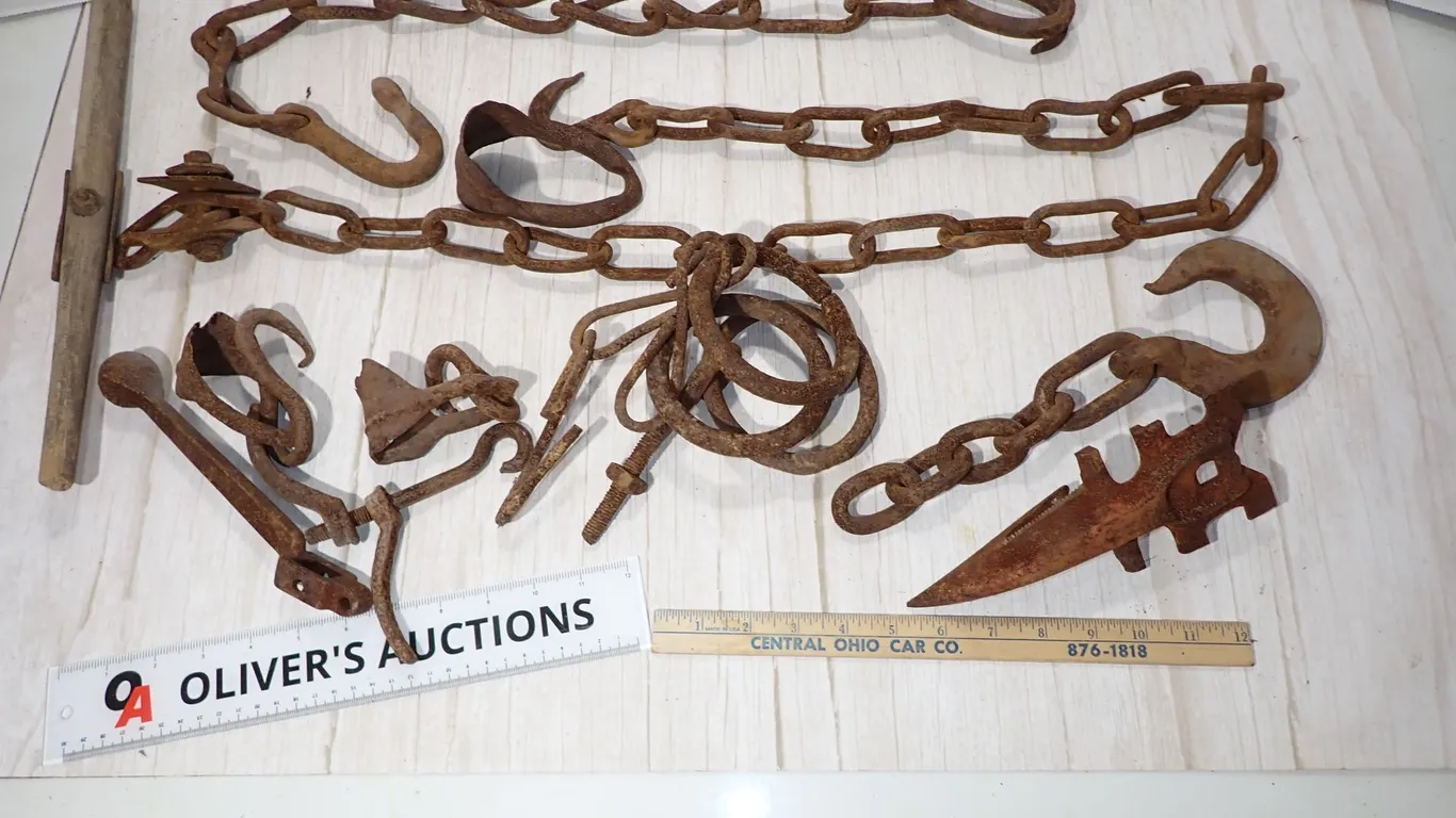 Antique Cast Iron Logging Chains, Sickle Bar Tooth & Farm Tool Hardware Lot
