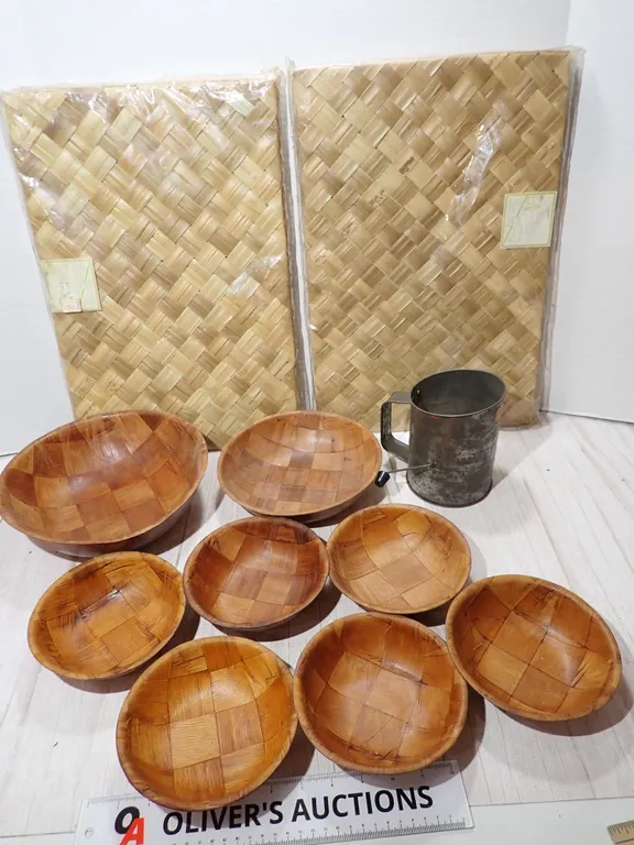 Vintage Woven Wood Bowls, Home Beautiful Placemats & Bromwell Flour Sifter Lot