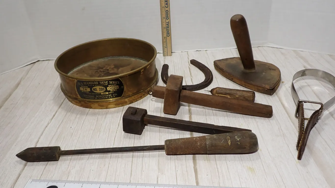 Antique Primitive Hand Tool Lot & Central Scientific Brass Sieve No 200
