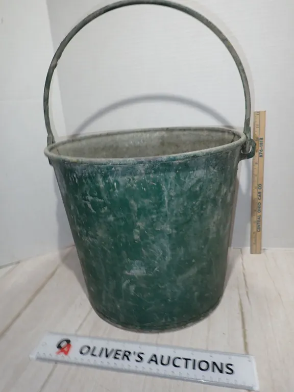 Antique Primitive Galvanized Metal Farm Bucket Green Garden Planter Pail
