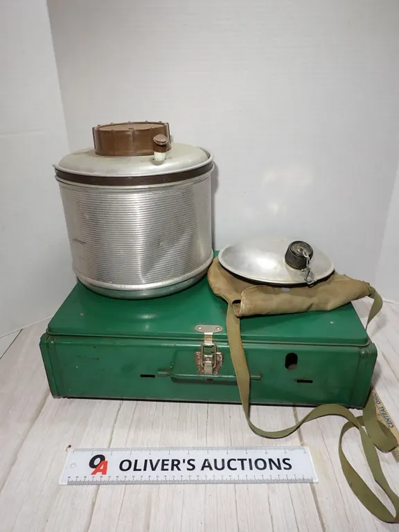 Vintage Coleman Powerhouse 2 Burner Camp Stove Lot w/ Aluminum Jug & Canteen