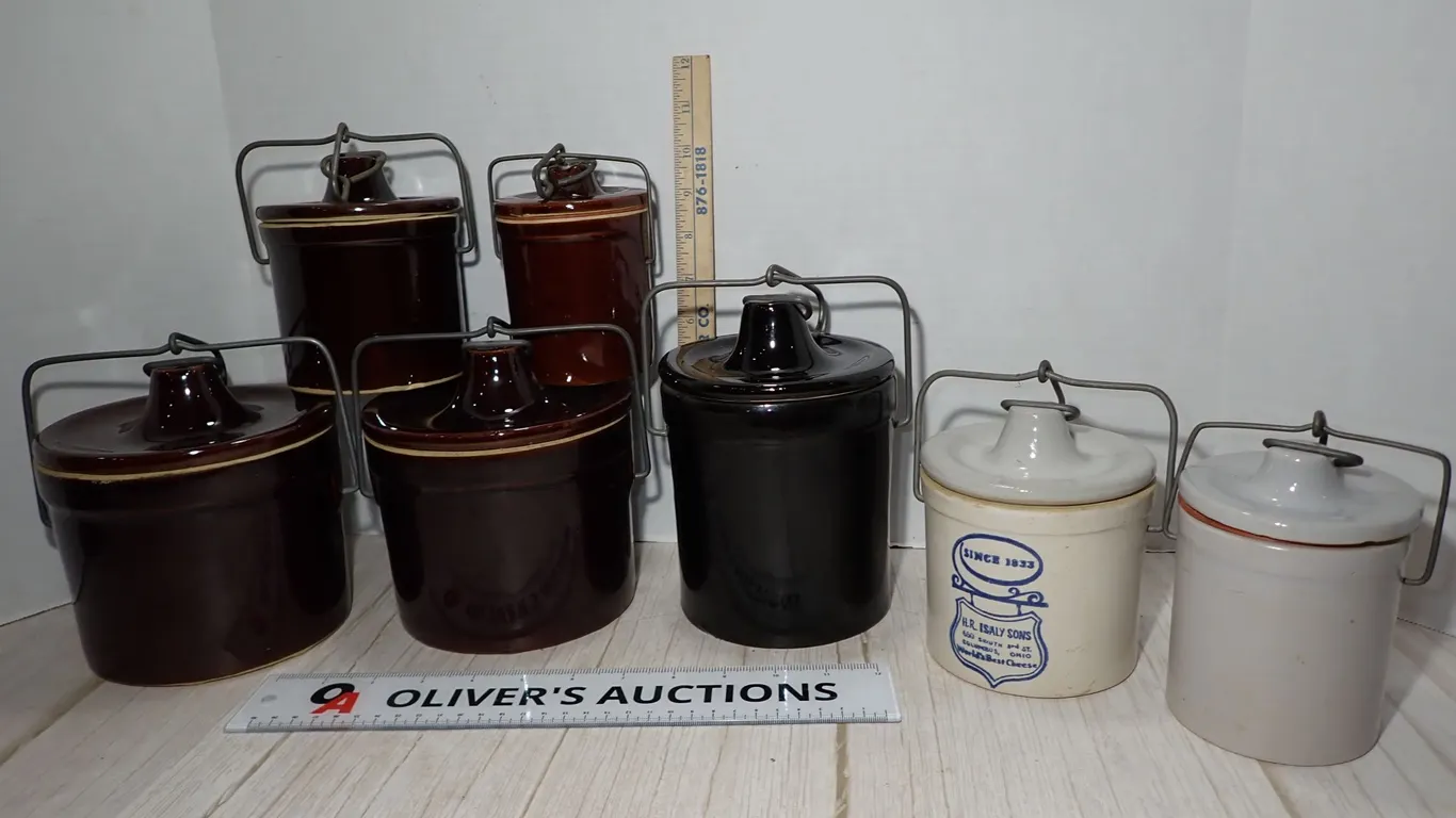 Vintage Stoneware Cheese Crock 7 Piece Lot H H Healy Sons Ohio Advertising
