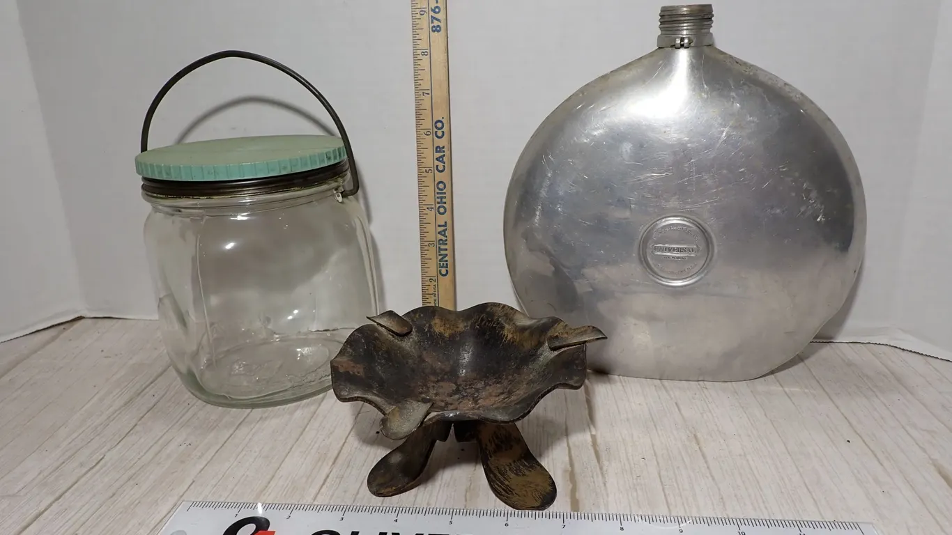 Antique Universal Aluminum Canteen, Duraglas Hoosier Jar & Footed Ashtray Lot
