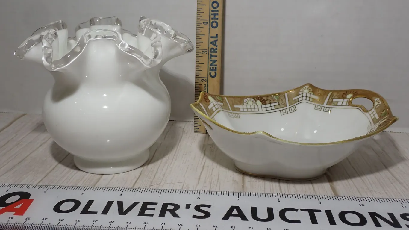 Antique Hand Painted Nippon Gold Gilt Bowl & Fenton Milk Glass Silver Crest Vase