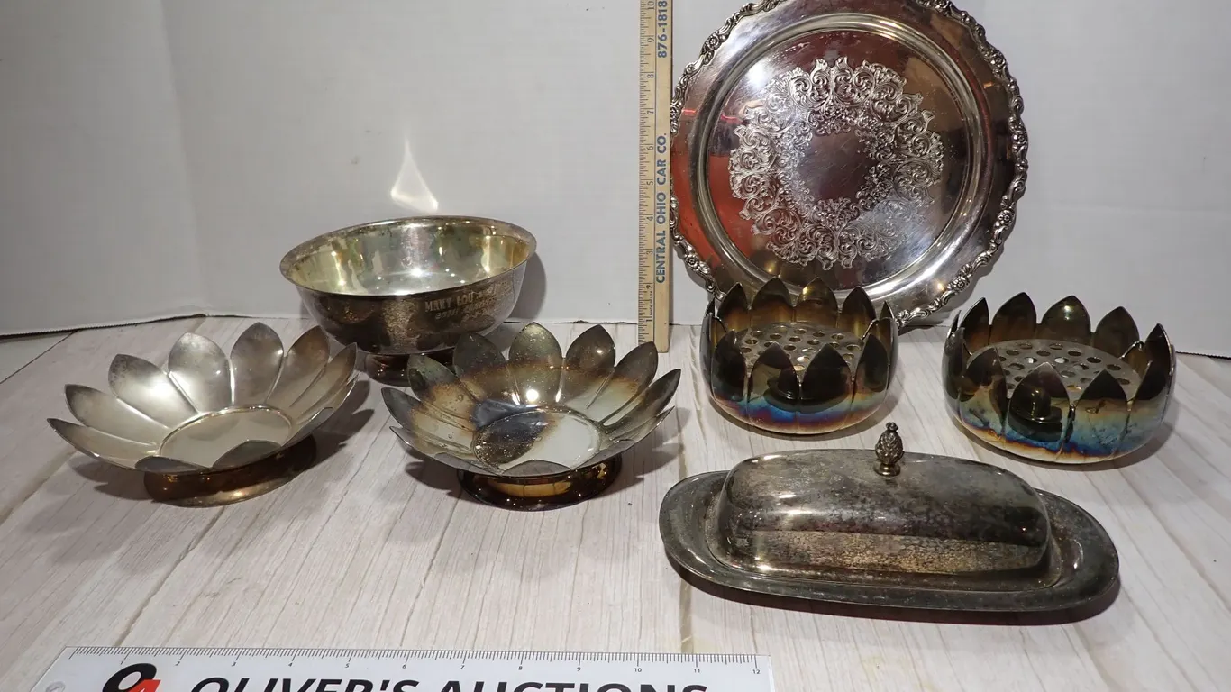 Vintage Sheridan Anniversary Bowl, Leonard Lotus Flower Frog & Butter Dish Lot