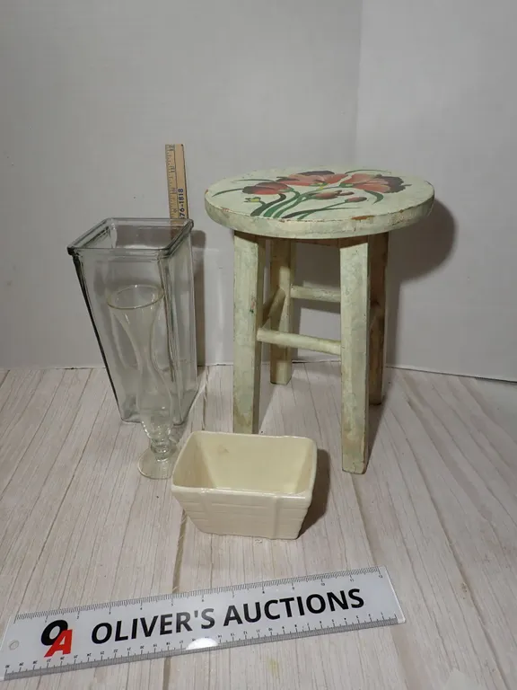 Hand Painted Floral Wooden Stool, Glass Vase & Ceramic Berry Basket Planter