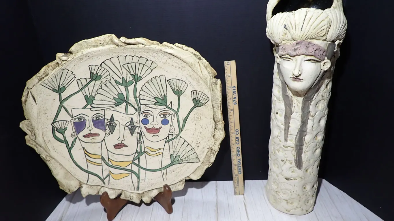 Two Pieces of Studio Pottery Including a Large Art Deco Style Platter and a Hand-Sculpted Face Vase