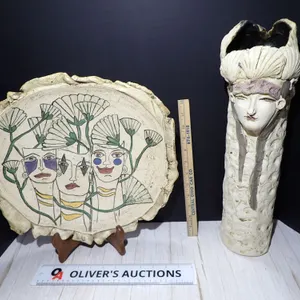 Two Pieces of Studio Pottery Including a Large Art Deco Style Platter and a Hand-Sculpted Face Vase