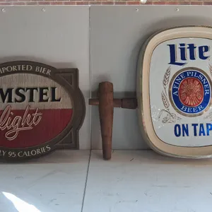 Vintage Plastic Beer Signs and wooden Keg Tap