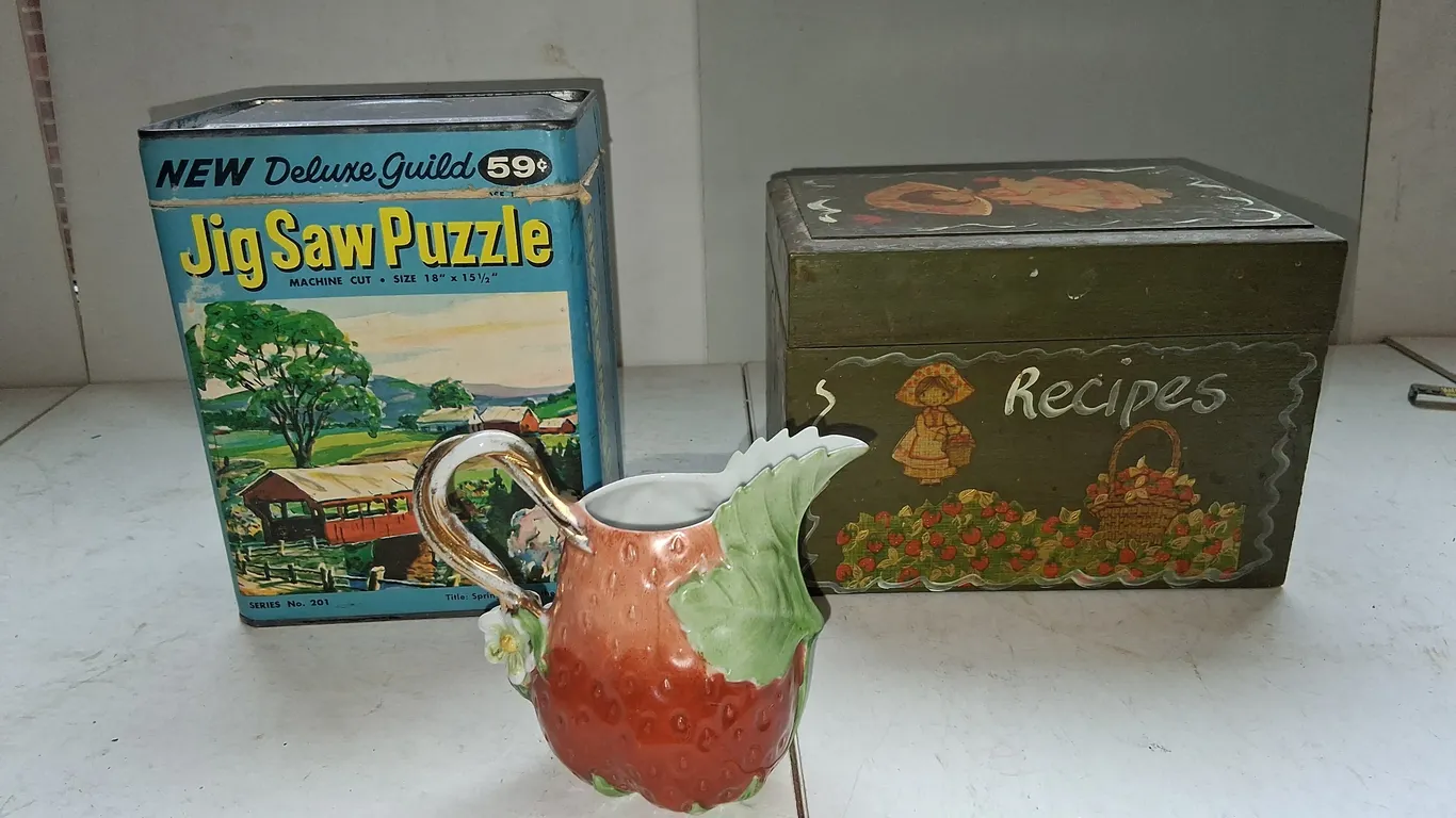 Vintage Recipe Box (with Recipes) , Vintage Jigsaw Puzzle (not aware if complete), Vintage Creamer