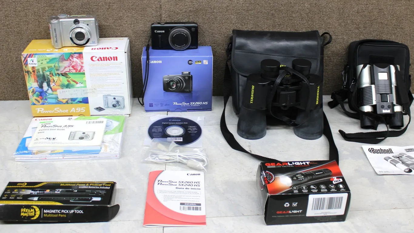 Canon PowerShot Cameras, Bushnell Binoculars, Tools