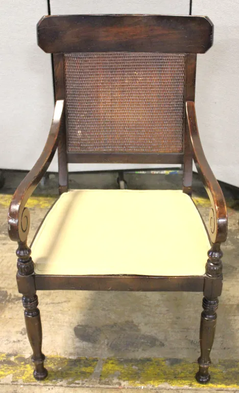 Wooden Armchair With Cane Back and Cream Seat
