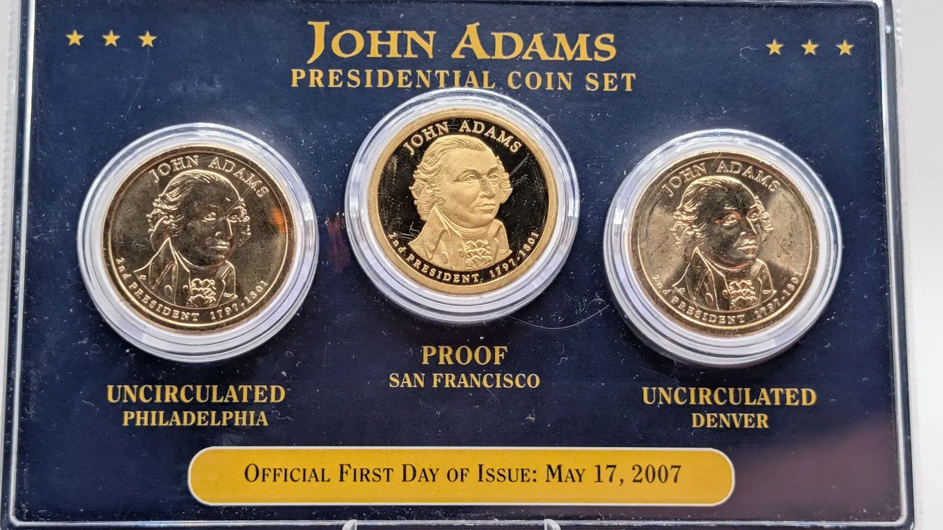 2007 John Adams Presidential $1 Coin 3-Coin Set - Official First Day of Issue (OGP)