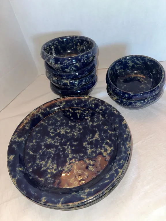 Bennington Potters blue agate spongeware Six dinner plates and six bowls