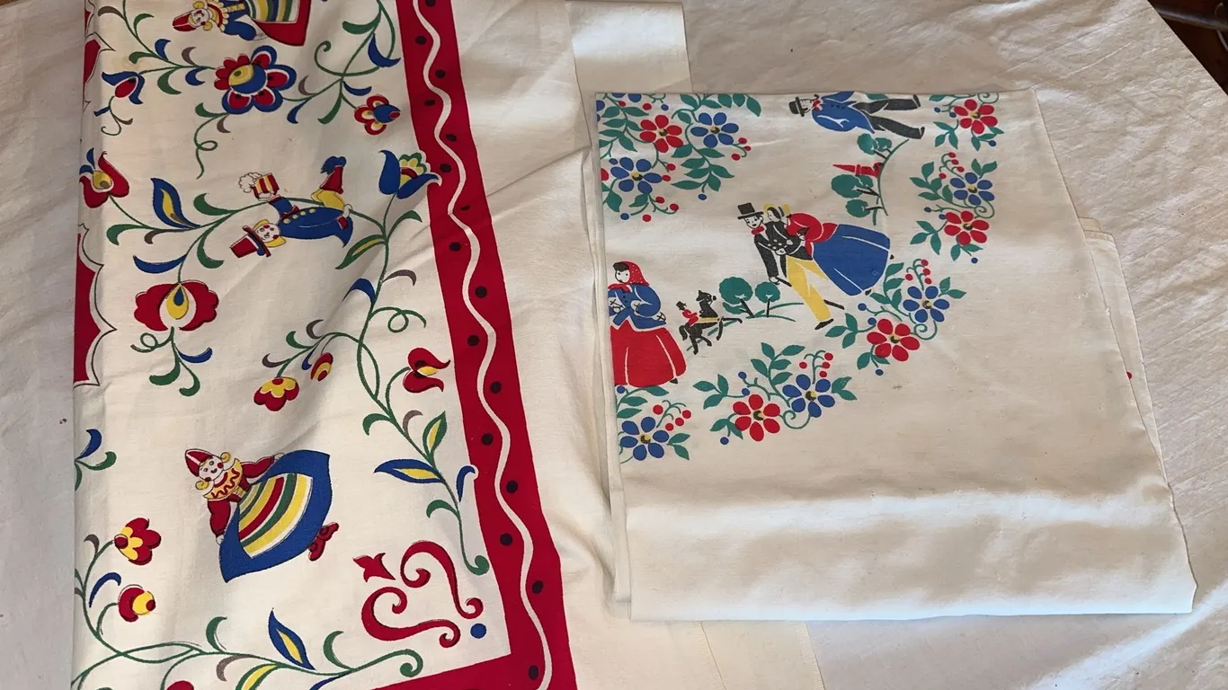 Vintage tablecloths -great graphics, printed
