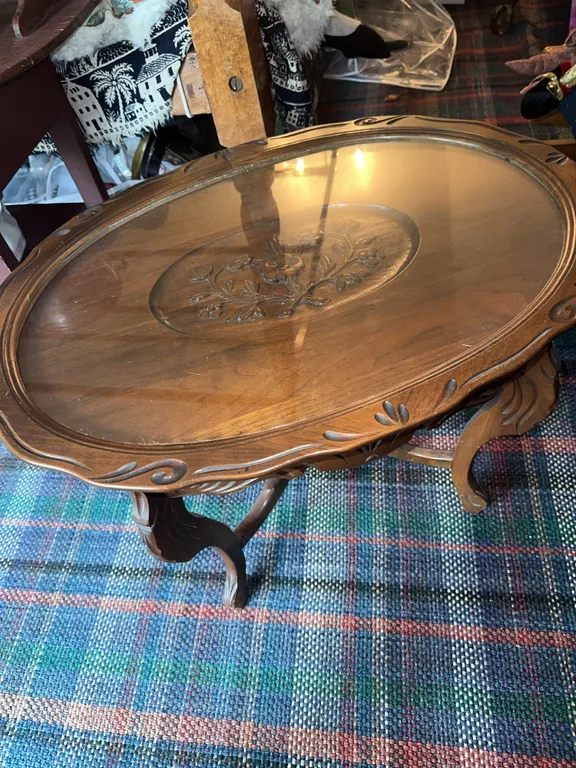 Unusual carved wood antique coffee table with lift off tray