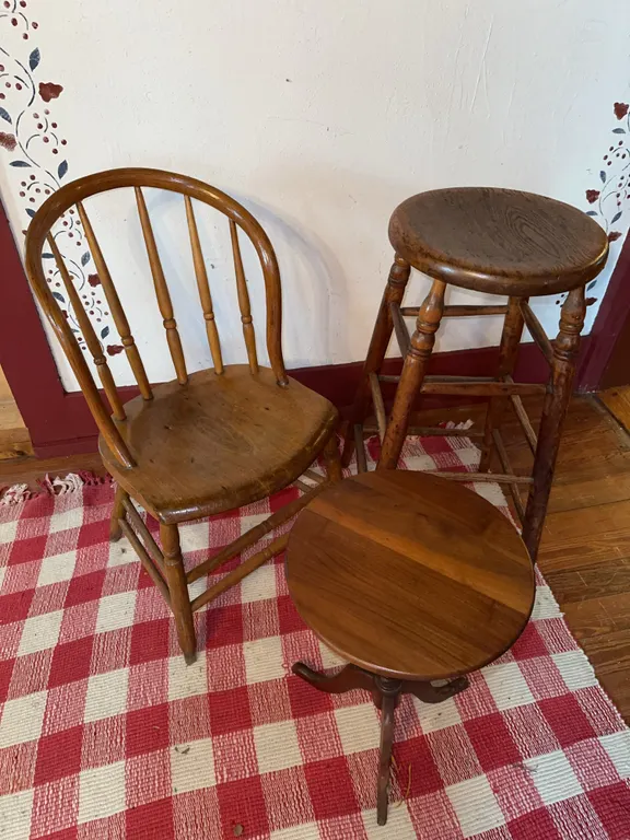 Primitive tall stool, wood chair and tripod plant stand/table