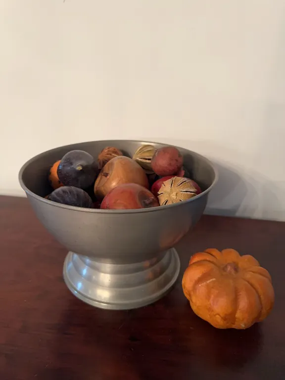 Pewter footed bowl with fake fruit