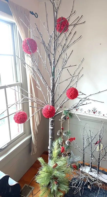 Large birch tree with ornaments, etc.