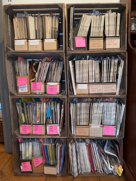 Vintage magazines in wood slat crates