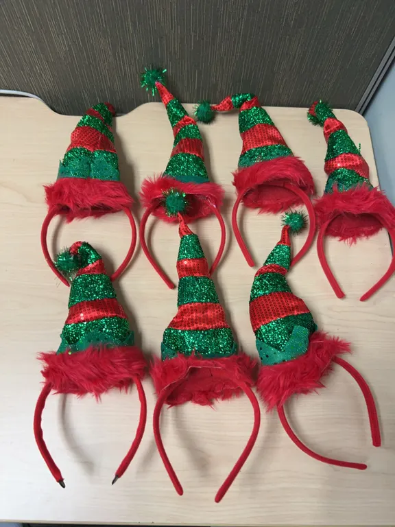 8 Red and Green Elf Hat Headbands with Sequins