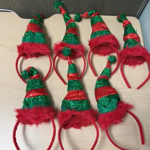 8 Red and Green Elf Hat Headbands with Sequins