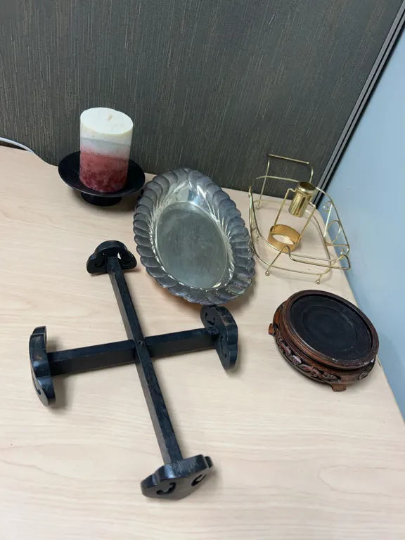 Lot: Wm Rogers Tray, Candle Holders, Wood Stands