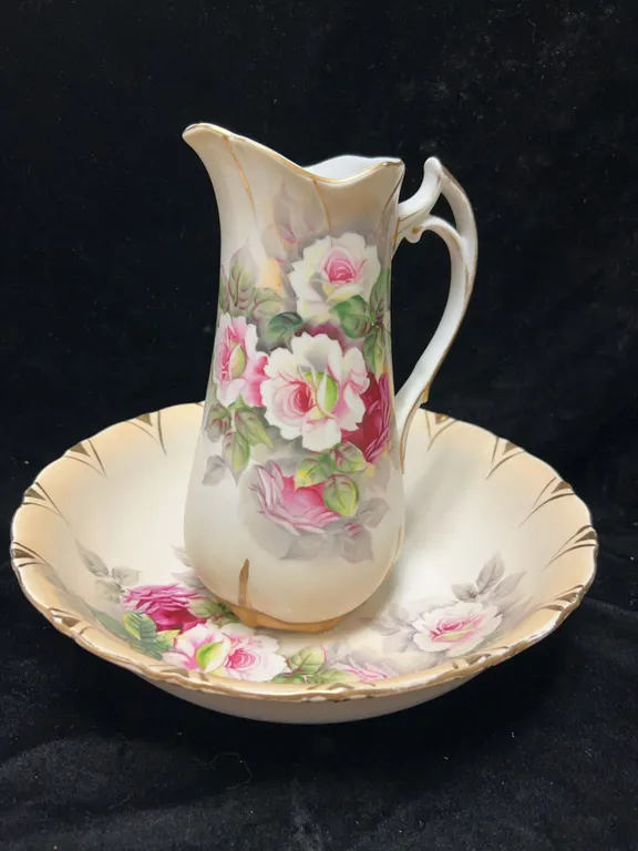 Porcelain Pitcher and Wash Basin Set with Floral Motif