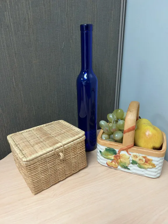 Blue Glass Bottle, Woven Lidded Basket, Ceramic Fruit Basket