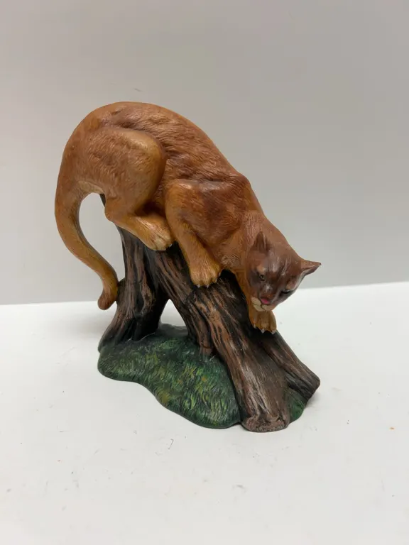 Painted Resin Mountain Lion Figurine on Log Base