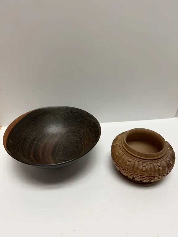 Turned Wood Bowl and Carved Wood Lidded Jar Pair