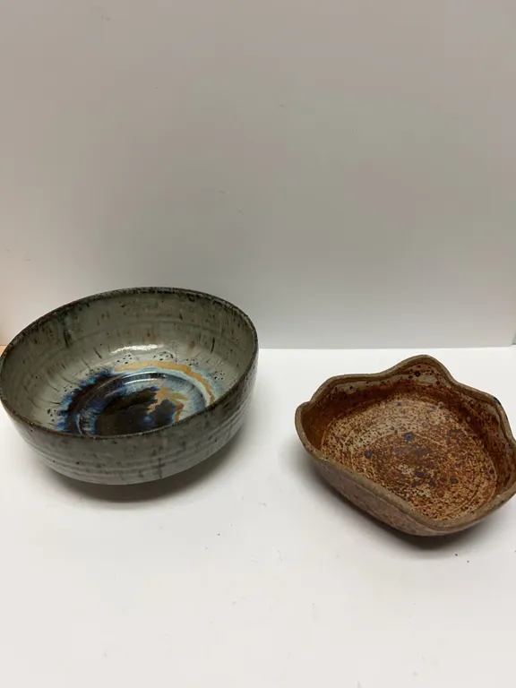 Two Handcrafted Glazed Stoneware Bowls Varied Finishes