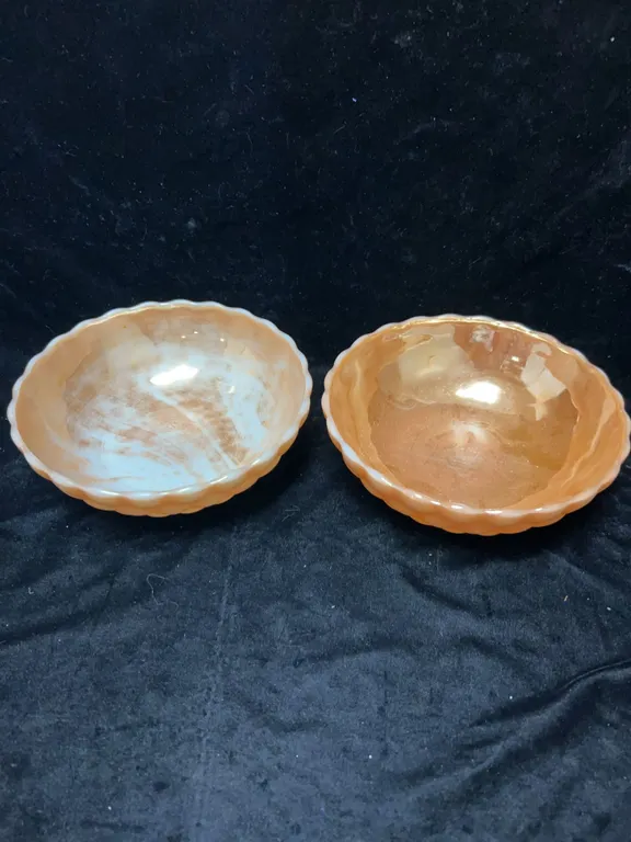 Two Peach Iridescent Pressed Glass Bowls