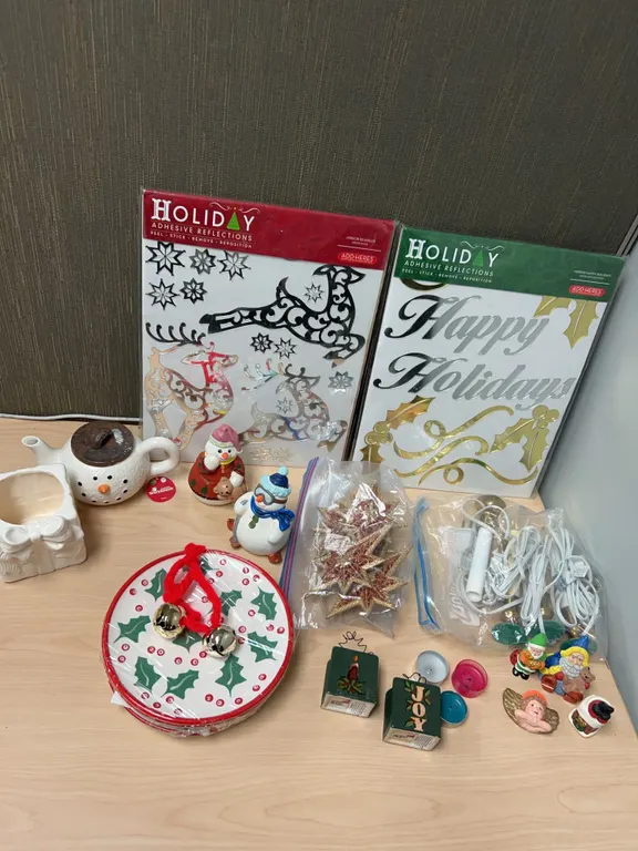 Christmas Decor Lot: Plates Teapot Figurines Ornaments Lights
