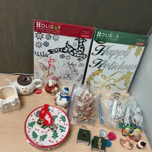 Christmas Decor Lot: Plates Teapot Figurines Ornaments Lights