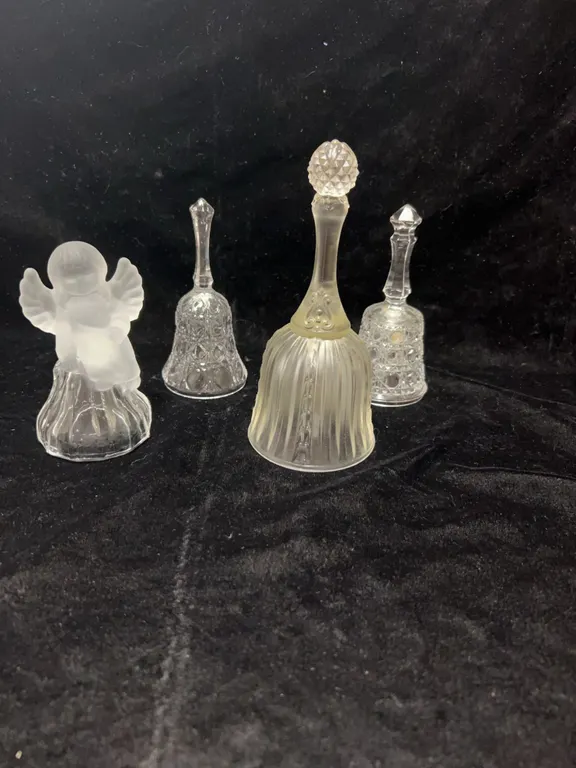 4 Cut and Frosted Glass and Crystal Table Bells