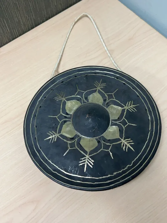 Decorative Brass-Inlaid Metal Gong With Hanging Cord